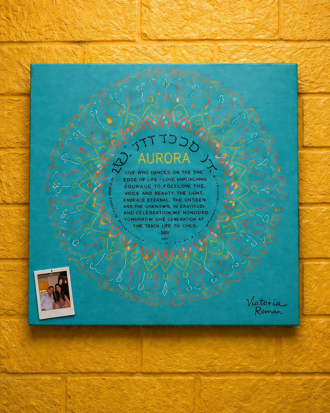 Aurora mandala canvas on a yellow brick wall — top restaurant in Pai, healthy Pai restaurant (health)