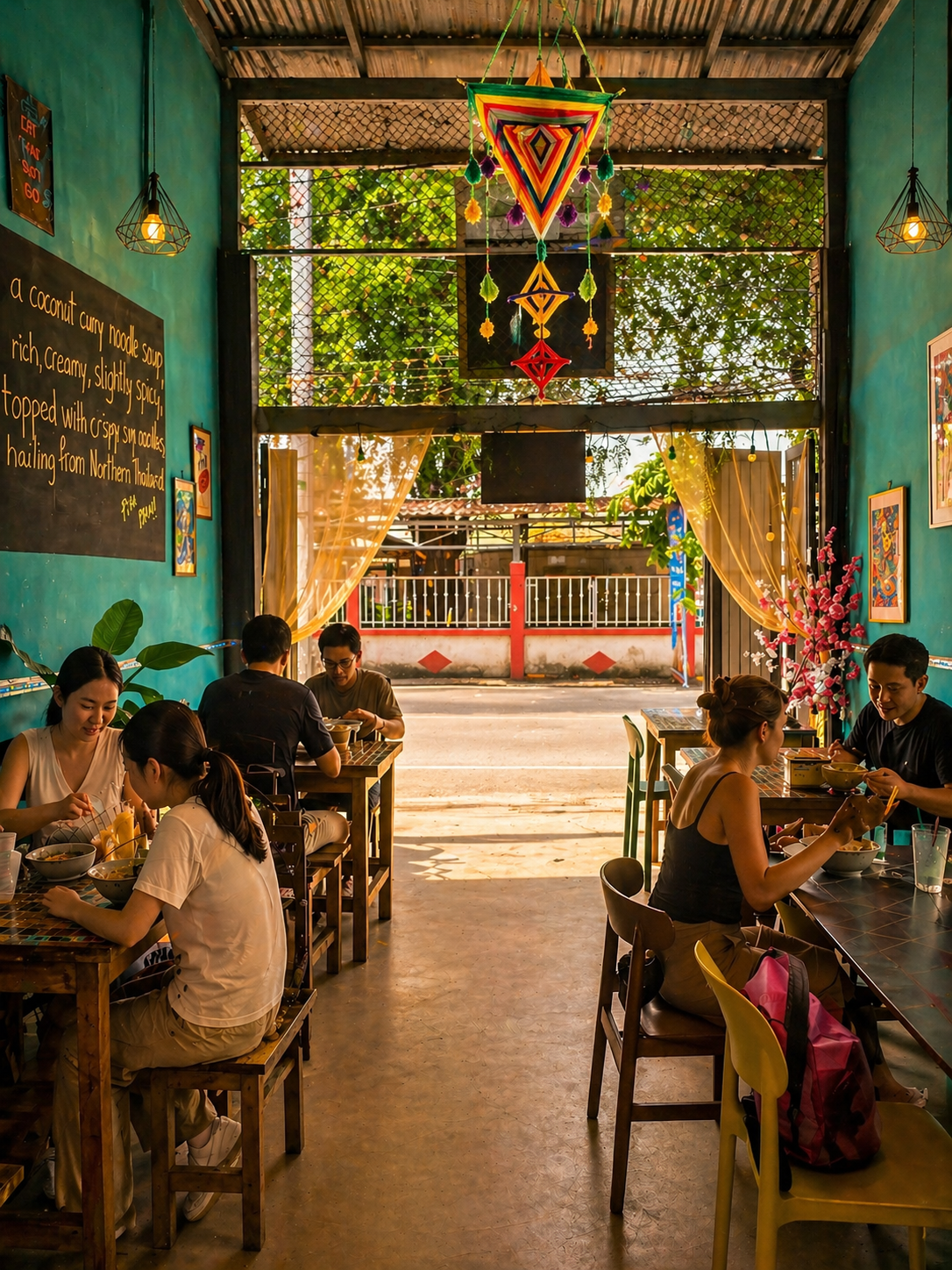 Inside Aurora — guests dining under the mandala at a top restaurant in Pai (healthy Pai restaurant, health)