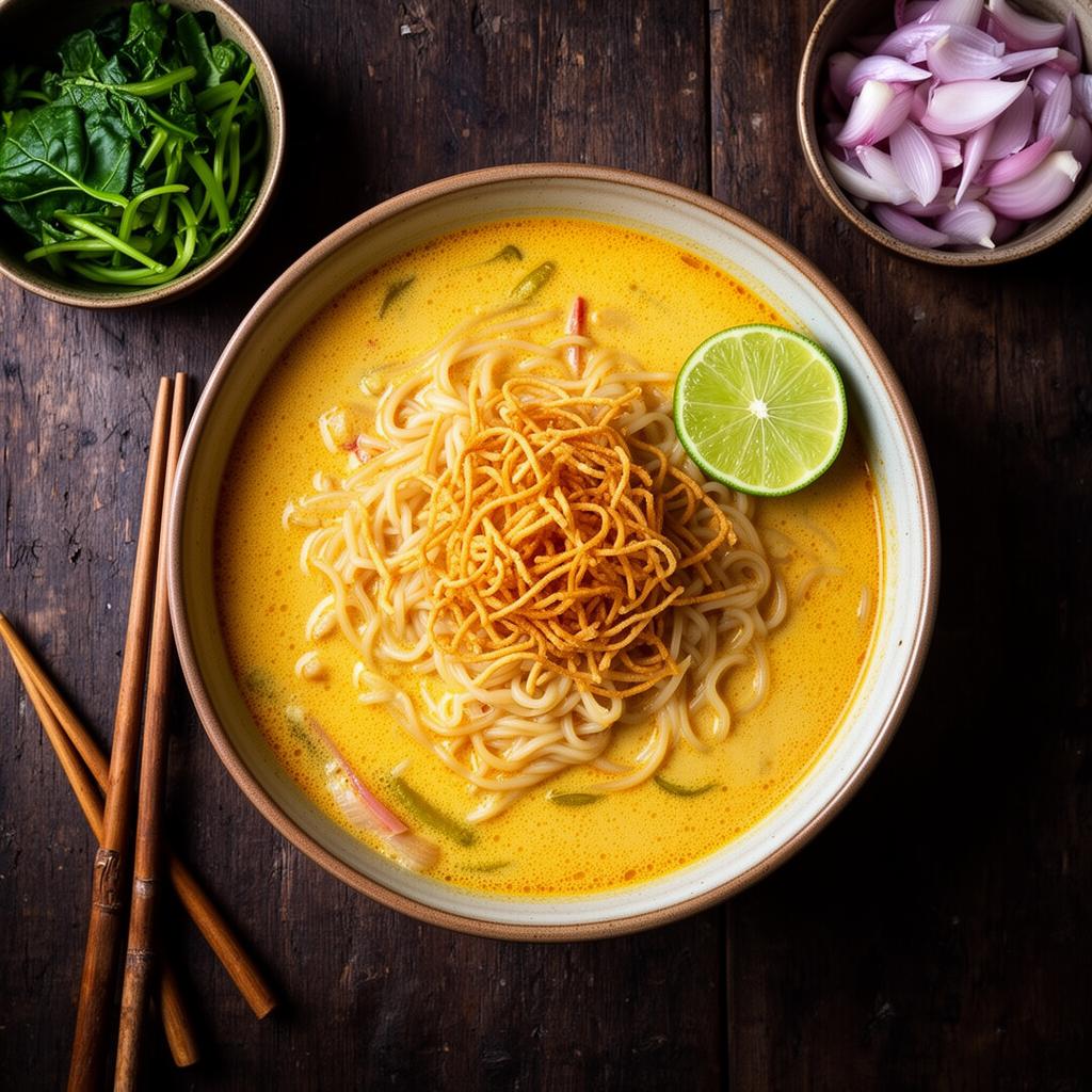 Bowl of Khao Soy — healthy Northern Thai coconut curry noodles at Aurora, a top restaurant in Pai (Pai restaurant, health-focused)