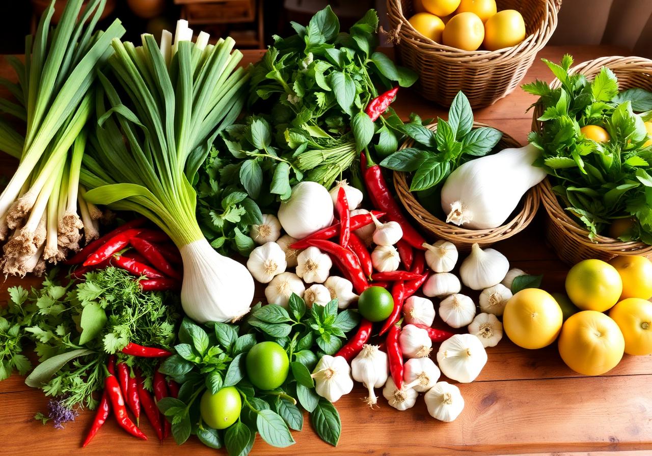 Fresh local healthy Thai produce — herbs, chilies, garlic and limes used at Aurora, a top restaurant and Pai restaurant focused on health